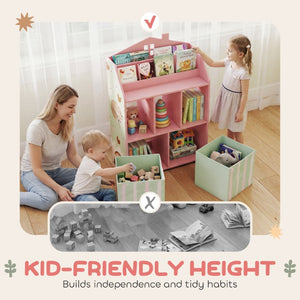 English Elm Qaba House Shaped Kids Bookcase with Fabric Drawers and Bear Playroom Organizer Pink W2225P597432