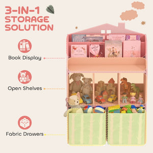 English Elm Qaba House Shaped Kids Bookcase with Fabric Drawers and Bear Playroom Organizer Pink W2225P597432