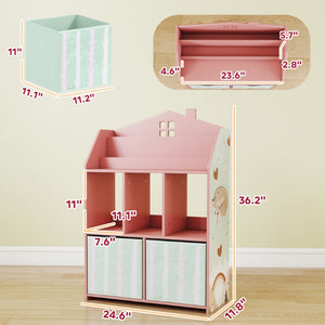 English Elm Qaba House Shaped Kids Bookcase with Fabric Drawers and Bear Playroom Organizer Pink W2225P597432