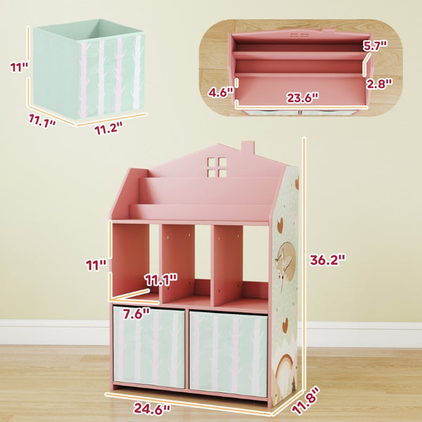 English Elm Qaba House Shaped Kids Bookcase with Fabric Drawers and Bear Playroom Organizer Pink W2225P597432