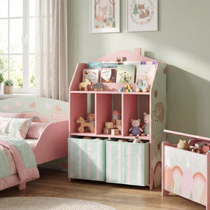 English Elm Qaba House Shaped Kids Bookcase with Fabric Drawers and Bear Playroom Organizer Pink W2225P597432