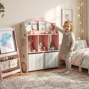 English Elm Qaba House Shaped Kids Bookcase with Fabric Drawers and Bear Playroom Organizer Pink W2225P597432