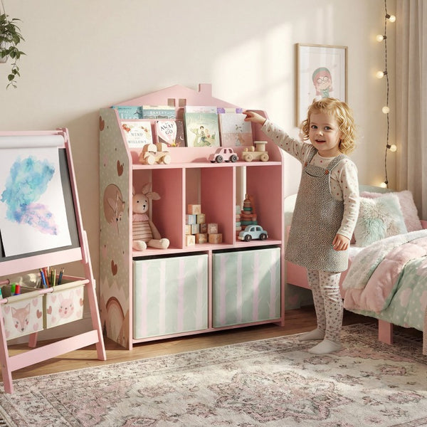 English Elm Qaba House Shaped Kids Bookcase with Fabric Drawers and Bear Playroom Organizer Pink W2225P597432
