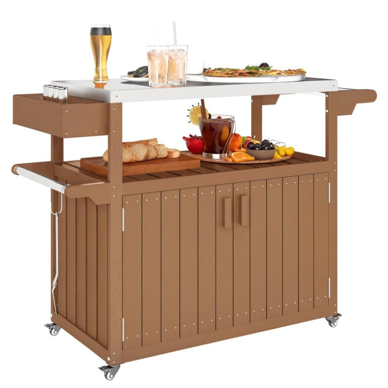 English Elm Outsunny Rolling Outdoor Bar Cart with Stainless Steel Top and HDPE Slatted Storage W2225P597445