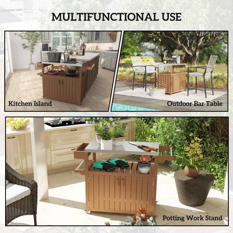 English Elm Outsunny Rolling Outdoor Bar Cart with Stainless Steel Top and HDPE Slatted Storage W2225P597445