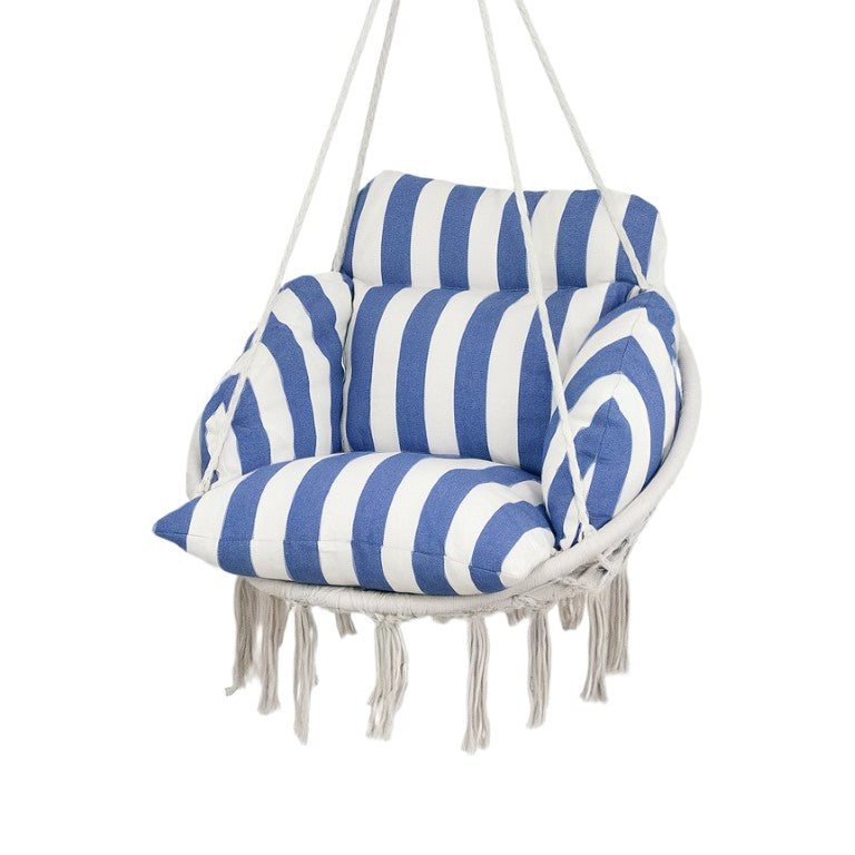 English Elm Outsunny Macrame Cotton Rope Swing Chair Boho Hanging Seat with Cushion Indoor Patio Blue and White Stripes W2225P597463