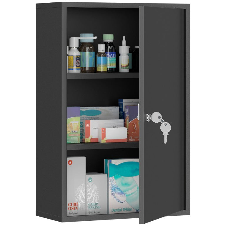 English Elm Kleankin Matte Black Steel Lockable Wall Cabinet Three Tier Bathroom Storage Box W2225P597468