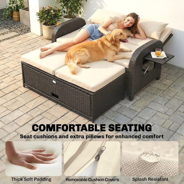 English Elm Outsunny PE Rattan Convertible Outdoor Daybed with Storage Ottoman and Foldable Side Tables W2225P597484
