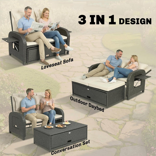 English Elm Outsunny PE Rattan Convertible Outdoor Daybed with Storage Ottoman and Foldable Side Tables W2225P597484