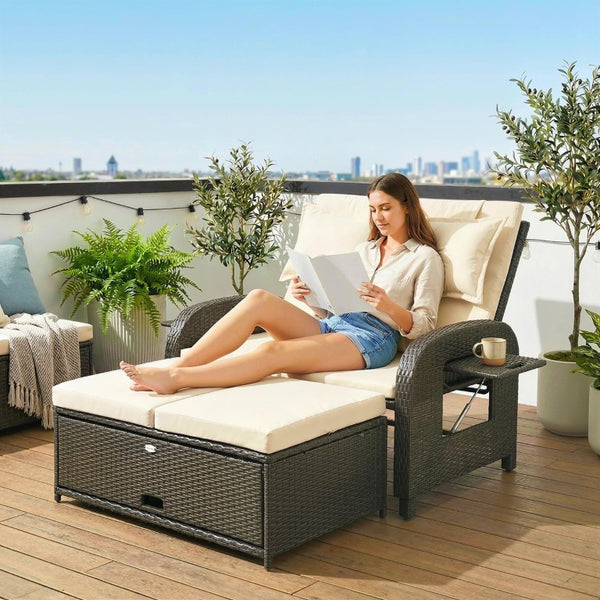 English Elm Outsunny PE Rattan Convertible Outdoor Daybed with Storage Ottoman and Foldable Side Tables W2225P597484