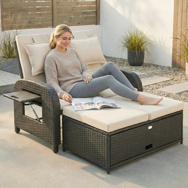 English Elm Outsunny PE Rattan Convertible Outdoor Daybed with Storage Ottoman and Foldable Side Tables W2225P597484