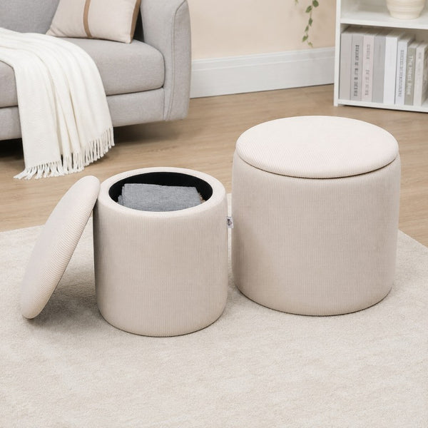 English Elm Homcom Corduroy Nesting Ottomans Set of 2 with Hidden Storage Round Footstools W2225P597493