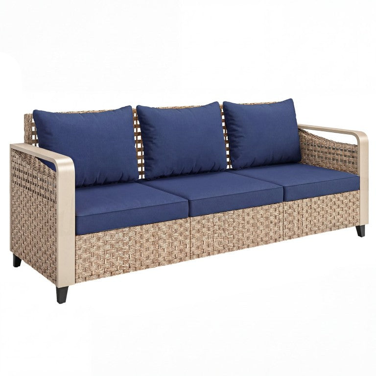 English Elm Outsunny 3 Seat Wicker Patio Sofa PE Rattan Powder Coated Frame Navy Cushions W2225P597499