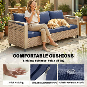 English Elm Outsunny 3 Seat Wicker Patio Sofa PE Rattan Powder Coated Frame Navy Cushions W2225P597499