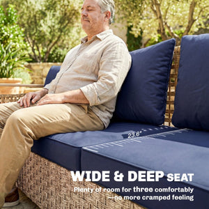 English Elm Outsunny 3 Seat Wicker Patio Sofa PE Rattan Powder Coated Frame Navy Cushions W2225P597499