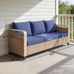 English Elm Outsunny 3 Seat Wicker Patio Sofa PE Rattan Powder Coated Frame Navy Cushions W2225P597499