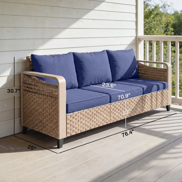 English Elm Outsunny 3 Seat Wicker Patio Sofa PE Rattan Powder Coated Frame Navy Cushions W2225P597499