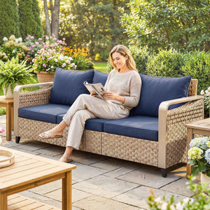 English Elm Outsunny 3 Seat Wicker Patio Sofa PE Rattan Powder Coated Frame Navy Cushions W2225P597499