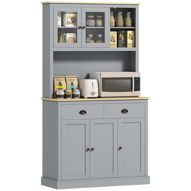 English Elm Homcom Floor to Ceiling Pantry Hutch with Glass Doors Oak Countertop and Drawers W2225P597530