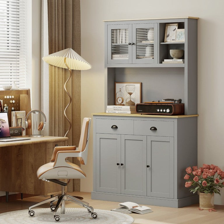English Elm Homcom Floor to Ceiling Pantry Hutch with Glass Doors Oak Countertop and Drawers W2225P597530