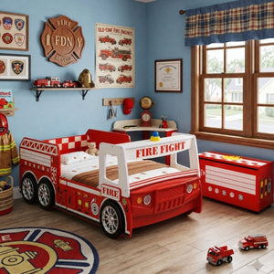 English Elm Kids Fire Truck Themed Toy Storage Chest with Soft-Close Lid and Gas Strut Support W2237P501377