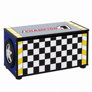 English Elm Kids Racing Theme Toy Chest with Gas Strut Lid and 3D Wheel Accents for Boys W2237P501394