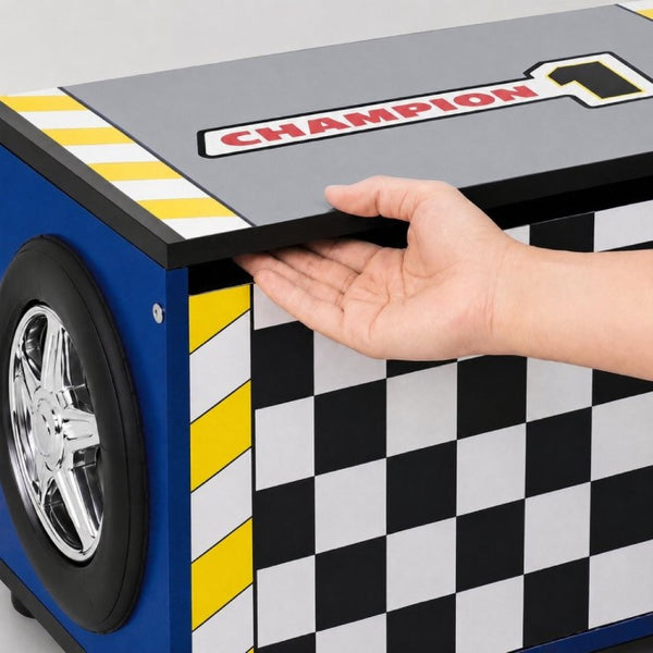 English Elm Kids Racing Theme Toy Chest with Gas Strut Lid and 3D Wheel Accents for Boys W2237P501394