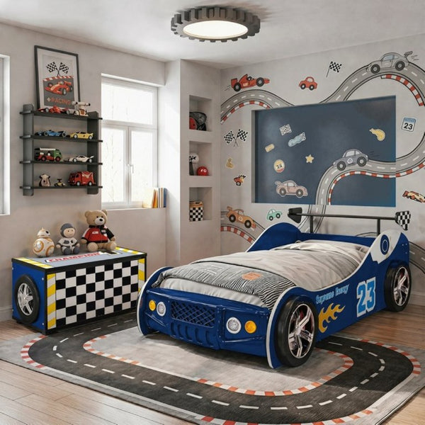 English Elm Kids Racing Theme Toy Chest with Gas Strut Lid and 3D Wheel Accents for Boys W2237P501394