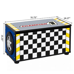 English Elm Kids Racing Theme Toy Chest with Gas Strut Lid and 3D Wheel Accents for Boys W2237P501394