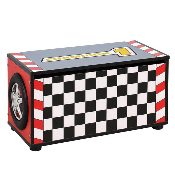 English Elm Kids Racing Theme Toy Box with Gas Strut Lid and 3D Wheel Accents for Boys Bedroom Red W2237P501398