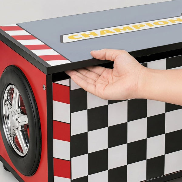 English Elm Kids Racing Theme Toy Box with Gas Strut Lid and 3D Wheel Accents for Boys Bedroom Red W2237P501398