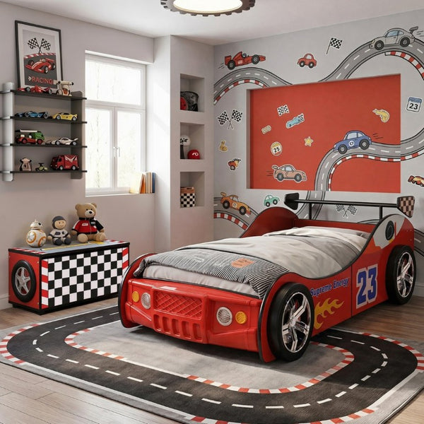 English Elm Kids Racing Theme Toy Box with Gas Strut Lid and 3D Wheel Accents for Boys Bedroom Red W2237P501398