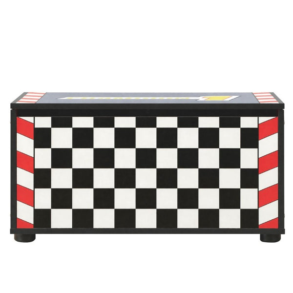 English Elm Kids Racing Theme Toy Box with Gas Strut Lid and 3D Wheel Accents for Boys Bedroom Red W2237P501398