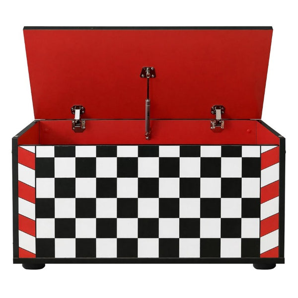 English Elm Kids Racing Theme Toy Box with Gas Strut Lid and 3D Wheel Accents for Boys Bedroom Red W2237P501398