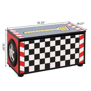 English Elm Kids Racing Theme Toy Box with Gas Strut Lid and 3D Wheel Accents for Boys Bedroom Red W2237P501398