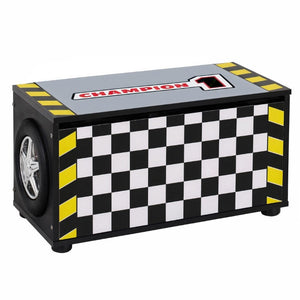 English Elm Kids Racing Theme Toy Box with Gas Strut Lid and 3D Wheel Accents for Boys Bedroom Black W2237P501401