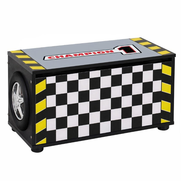 English Elm Kids Racing Theme Toy Box with Gas Strut Lid and 3D Wheel Accents for Boys Bedroom Black W2237P501401