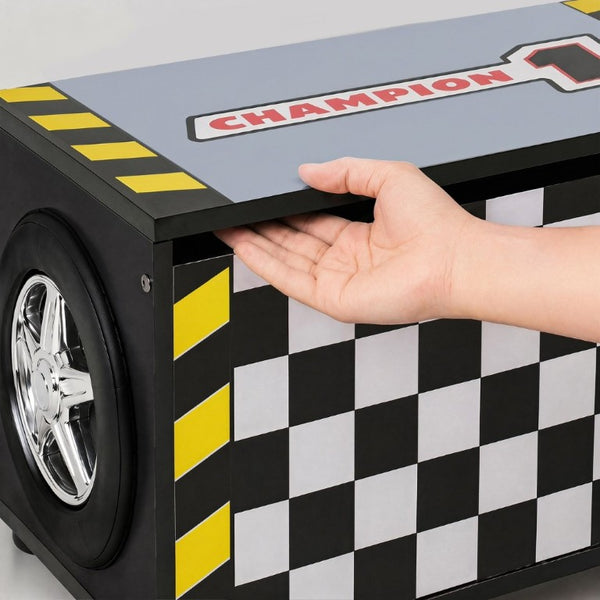English Elm Kids Racing Theme Toy Box with Gas Strut Lid and 3D Wheel Accents for Boys Bedroom Black W2237P501401