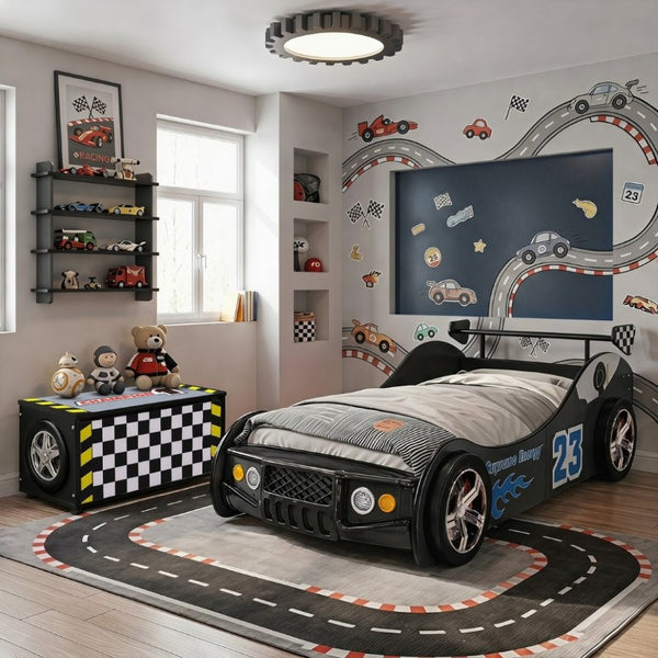English Elm Kids Racing Theme Toy Box with Gas Strut Lid and 3D Wheel Accents for Boys Bedroom Black W2237P501401