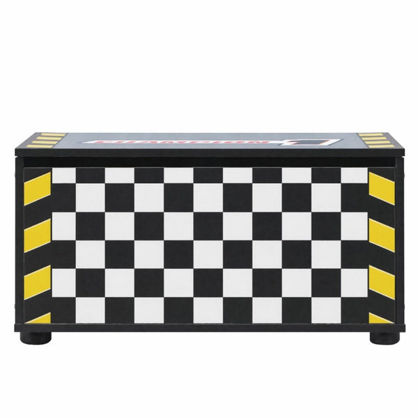 English Elm Kids Racing Theme Toy Box with Gas Strut Lid and 3D Wheel Accents for Boys Bedroom Black W2237P501401