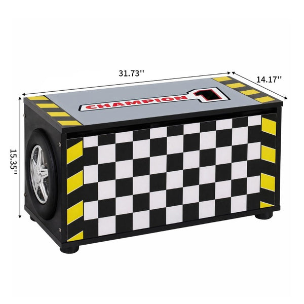 English Elm Kids Racing Theme Toy Box with Gas Strut Lid and 3D Wheel Accents for Boys Bedroom Black W2237P501401