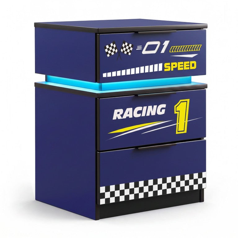 English Elm Kids Racing Car Nightstand with RGB LED Shelf and Three Drawers for Themed Bedrooms W2237P501433