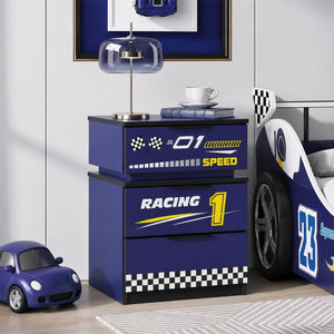 English Elm Kids Racing Car Nightstand with RGB LED Shelf and Three Drawers for Themed Bedrooms W2237P501433