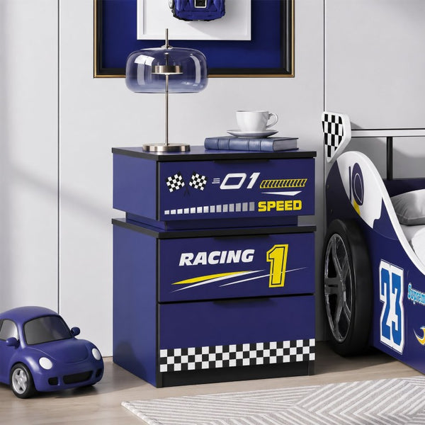 English Elm Kids Racing Car Nightstand with RGB LED Shelf and Three Drawers for Themed Bedrooms W2237P501433