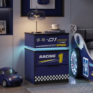 English Elm Kids Racing Car Nightstand with RGB LED Shelf and Three Drawers for Themed Bedrooms W2237P501433