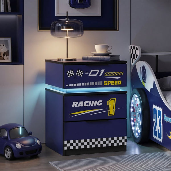 English Elm Kids Racing Car Nightstand with RGB LED Shelf and Three Drawers for Themed Bedrooms W2237P501433