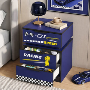 English Elm Kids Racing Car Nightstand with RGB LED Shelf and Three Drawers for Themed Bedrooms W2237P501433