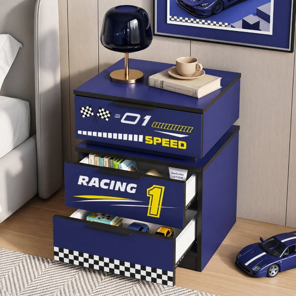 English Elm Kids Racing Car Nightstand with RGB LED Shelf and Three Drawers for Themed Bedrooms W2237P501433