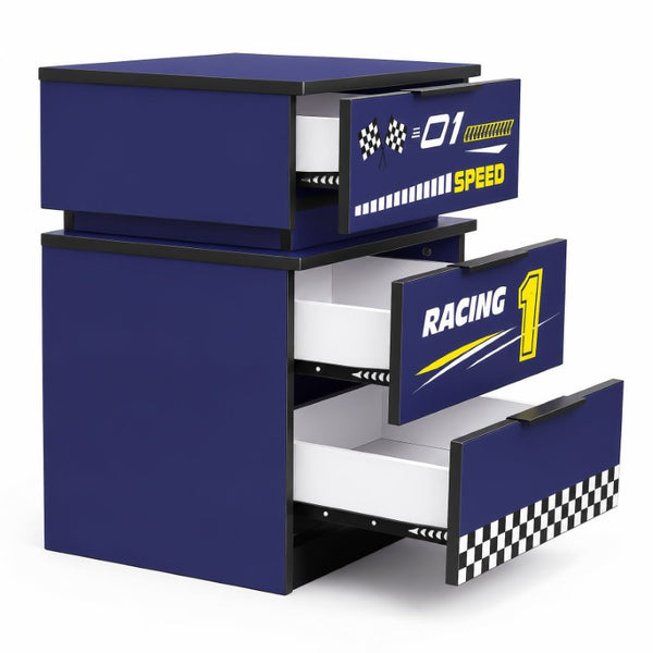 English Elm Kids Racing Car Nightstand with RGB LED Shelf and Three Drawers for Themed Bedrooms W2237P501433