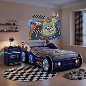 English Elm Kids Racing Car Nightstand with RGB LED Shelf and Three Drawers for Themed Bedrooms W2237P501433